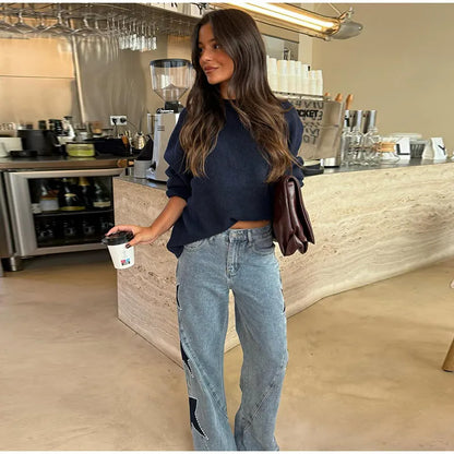 Female Vintage Leather Pocket Jeans Women Blue Zipper Straight Loose Trousers Lady New Fashion Daily Casual Spring Pants 2026