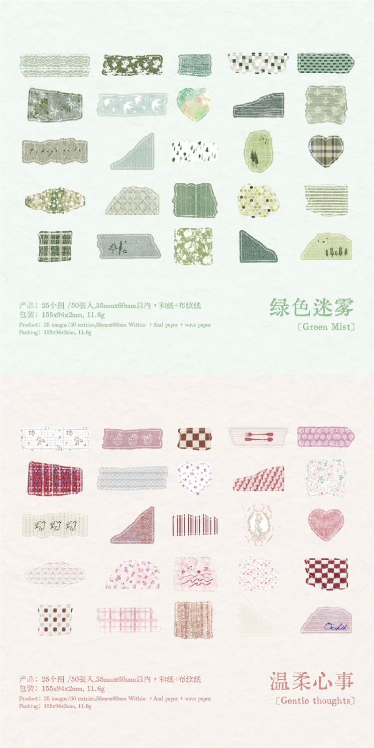 Journal GO 50pcs Dual Material Cloth Fabric Textured Stickers for Photo Frame Collage Junk Journal Scrapbooking diy Material
