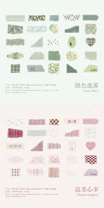 Journal GO 50pcs Dual Material Cloth Fabric Textured Stickers for Photo Frame Collage Junk Journal Scrapbooking diy Material