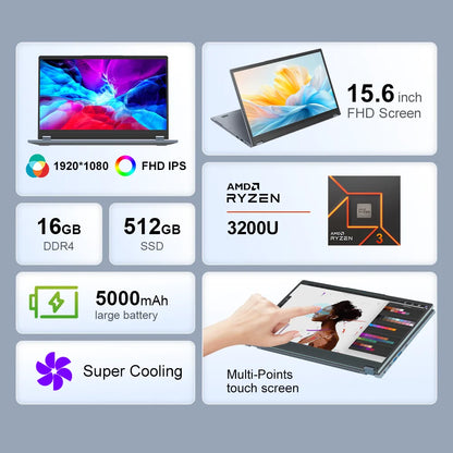 Ninkear YBOOK 15 Laptop 15.6 Inch 360° Flipable Touchscreen 16GB+512GB 2-in-1 Yoga Mode AMD Windows 11 Notebook 360° Flipable