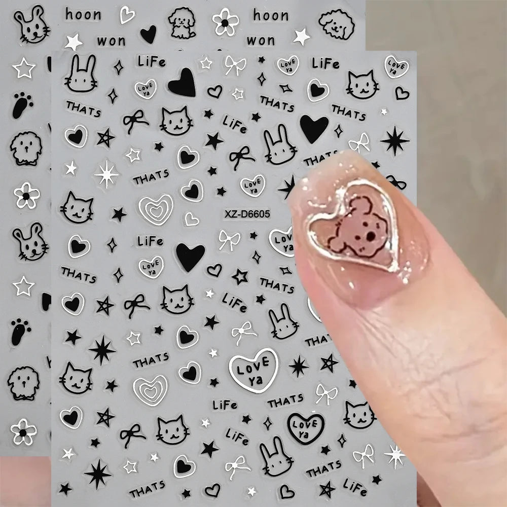 12pcs/set Cute Cartoon Dog/Cat Nail Art Stickers 3D Graffiti Black Cat Dog  Nail Decals 8*10cm Self-Adhesive Cartoon Nail Art Su