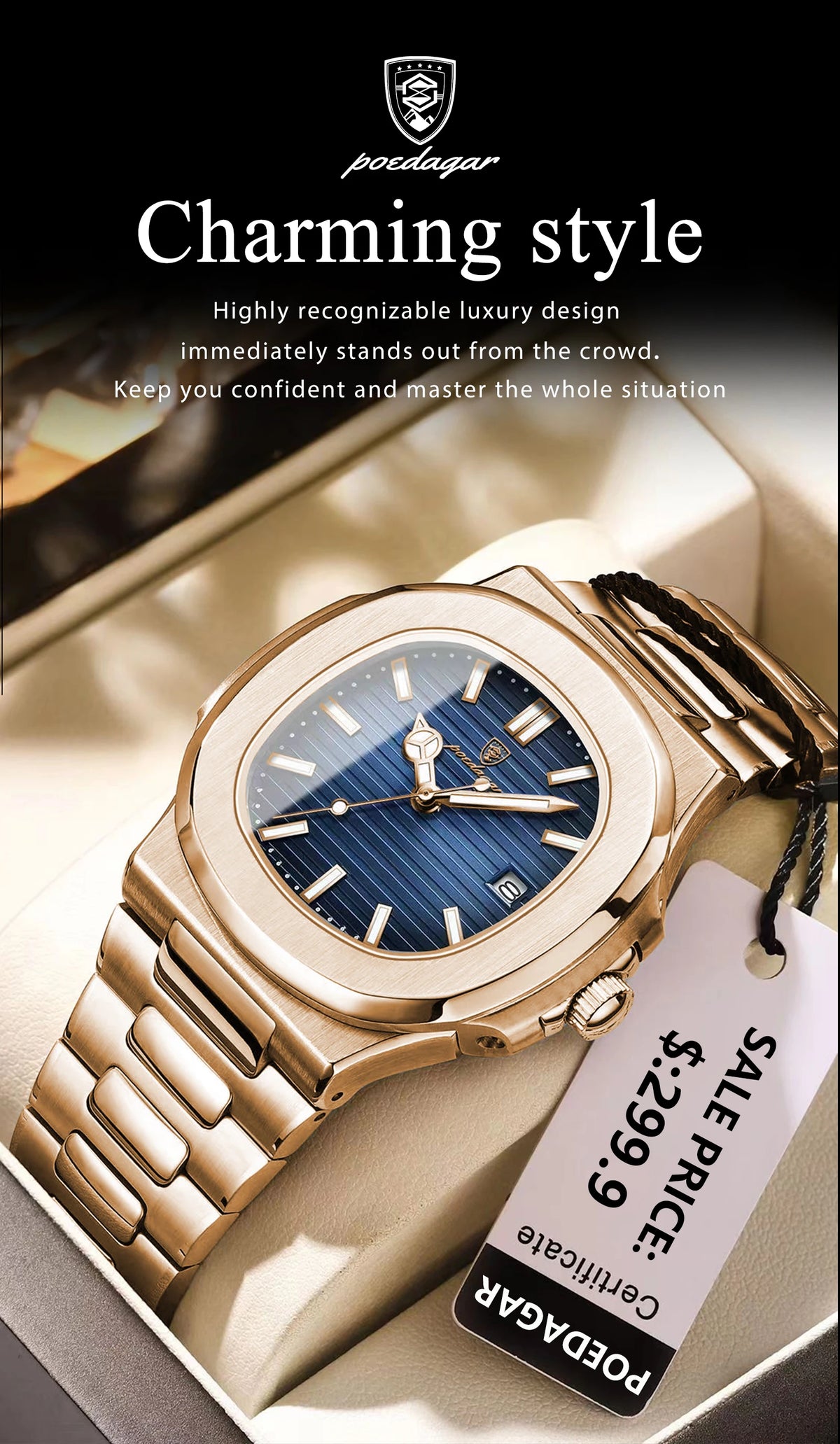POEDAGAR Fashion Business Man Watch Waterproof Luminous Date Stainless Steel Men Quartz Watch Luxury Square Men's Watches Reloj