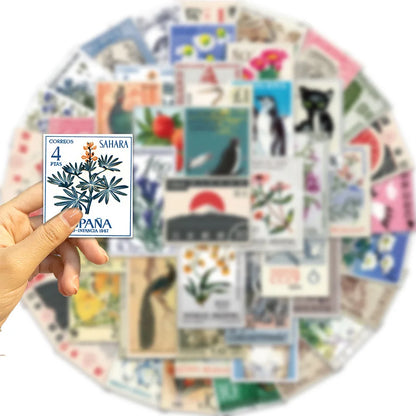 50pcs Retro Stamp Art Stickers Vintage Aesthetic Cartoon Decals For Laptop Luggage Skateboard Phone Sticker Kids Toys