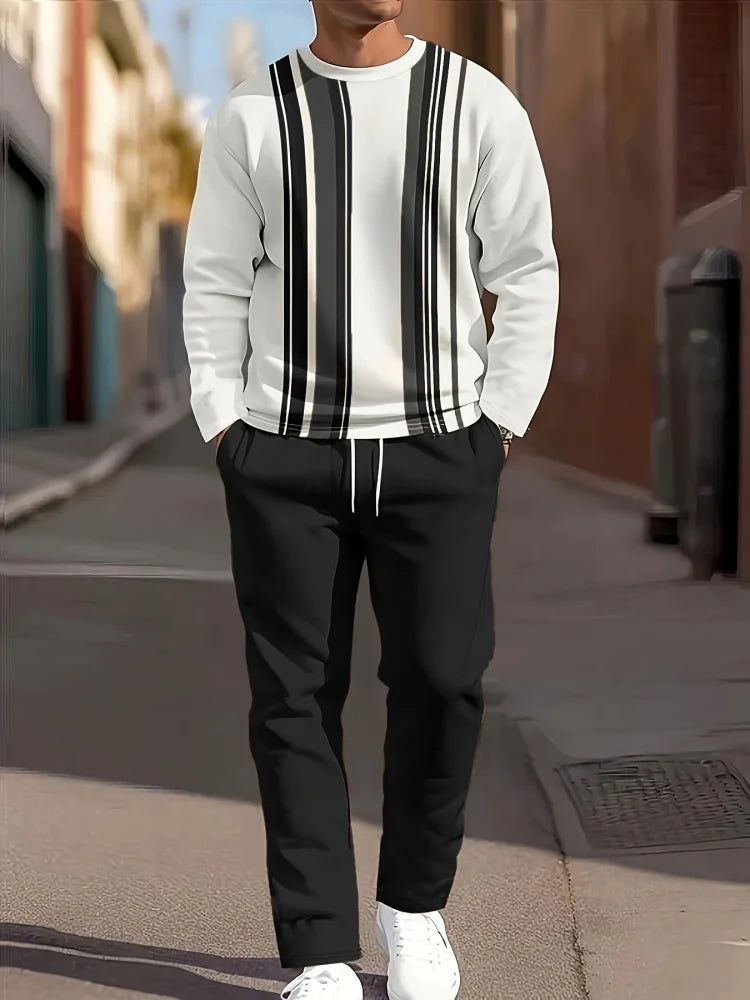 Autumn Casual Men's Long-Sleeve Set Trendy Gradient Print Outdoor Crew Neck Long-Sleeve Top & Casual Pants Two-Piece Set
