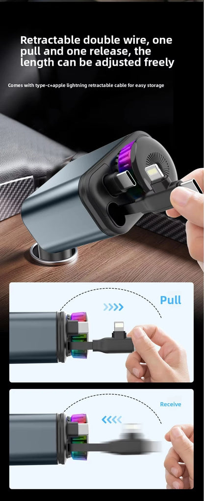 120W 5-in-1 Car Fast Charger Retractable Cable PD 30W Digital Voltmeter Star Light Car Charging Adapter For IOS Android