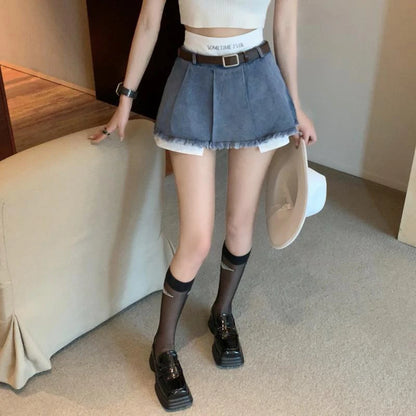 Gidyq Women High Waist Denim Skirts Summer Korean Fashion Patchwork Mini Skirts Streetwear Female Casual Tassels Jeans Skirts
