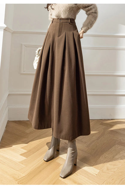 Vintage Winter Woolen Long Skirts For Women Streetwear High Waist Pleated Maxi Skirt Big Swing Folds A-Line Jupe Longues Femme