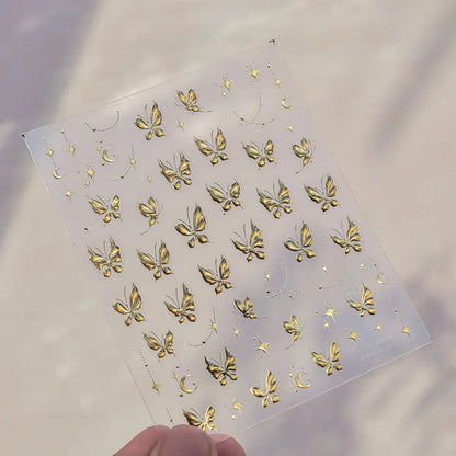 Shiny Jelly Butterfly Charming Golden Gradient Bowknot 5D Self Adhesive Nail Art Sticker Flower Petal Rhinestone Manicure Decals