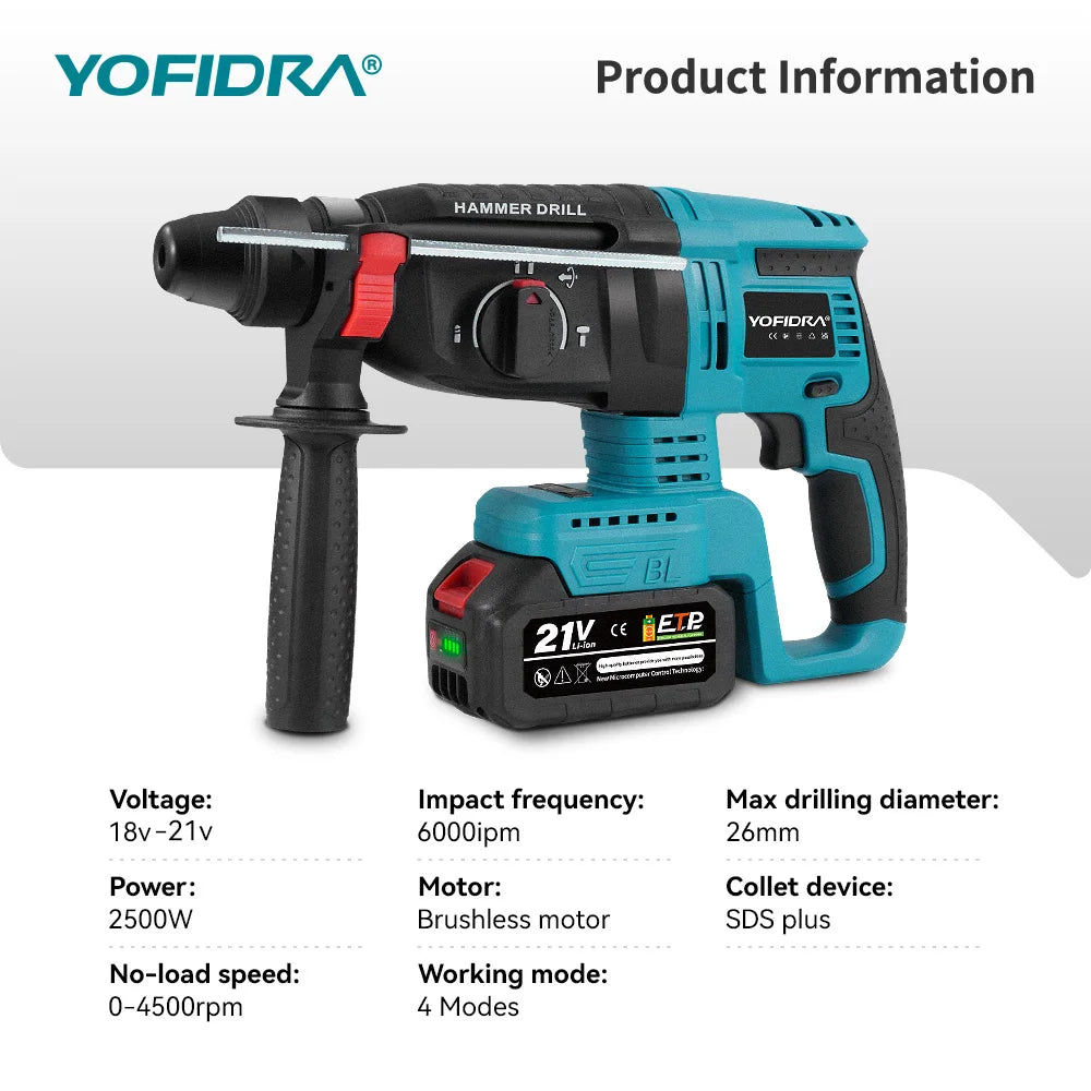 YOFIDRA Brushless Electric Hammer Impact Drill 26MM Cordless Woodworking Impact Drill Power Tools Set For Makita 18V Battery Pin