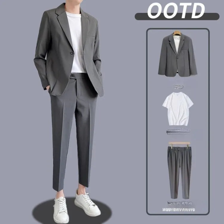 Men's Drapey Casual Suit Set Korean Style Loose Fit Spring Autumn Handsome Cool Trendy Light Mature Stylish Suit Jacket