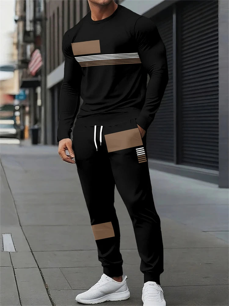 New Men's Letter Print Two-piece Set Outdoor Casual Round Neck Short Sleeve Drawstring Long Pants Plus Size Loose Fit Outfit