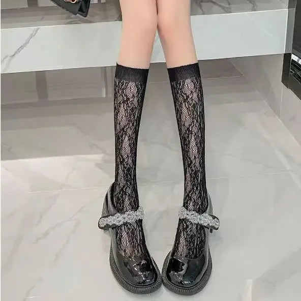 Women Sexy Floral Print Mesh Stockings Knee High Socks Soft Nylon Elastic Fishnet Fashion Long Leg Socks Designer Sheer Socks