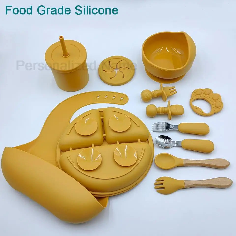 11Pcs Silicone Feeding Sets For Baby Personalized Name Children's Tableware Suction Cup Plates Bowl Spoon Feeding Cups BPA Free