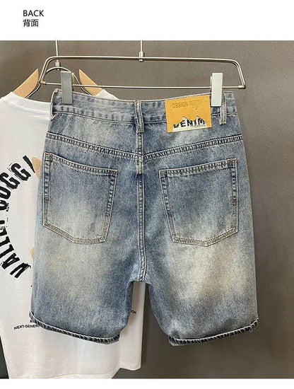 Summer Trendy Brand Handsome Denim Shorts Men's Washed Embroidered Patch Trendy Short Pants Ripped Slim-fit Elastic Middle Pants