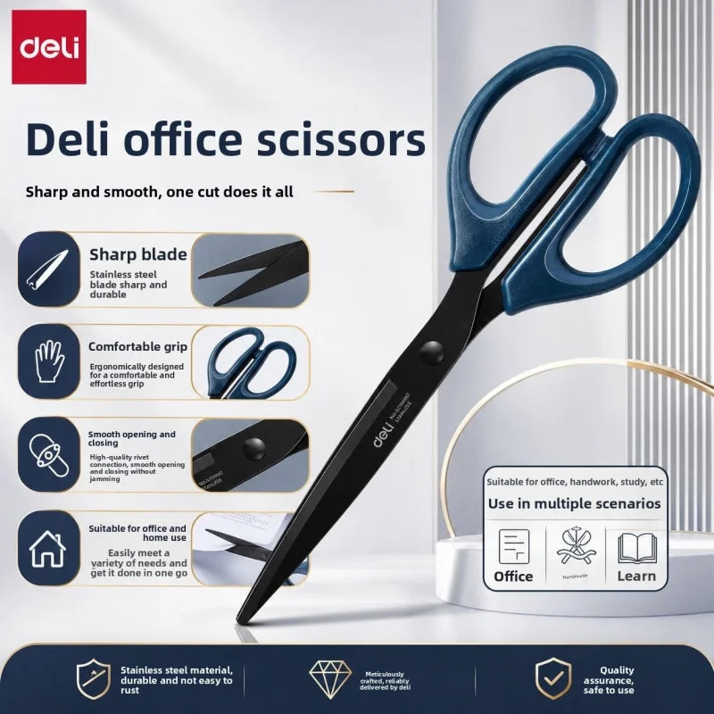 Deli Black Blade Scissors Stainless Steel Anti-Rust Shears Comfort Grip Office School Home Craft Cutting Stationery