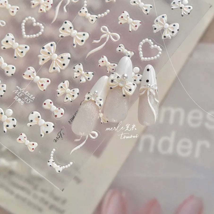 Shell Light Nail Stickers Small Fresh White Bow Ribbon Nail Charms Stickers Self Adhesive Nails 3D Decorations Parts DIY Decals