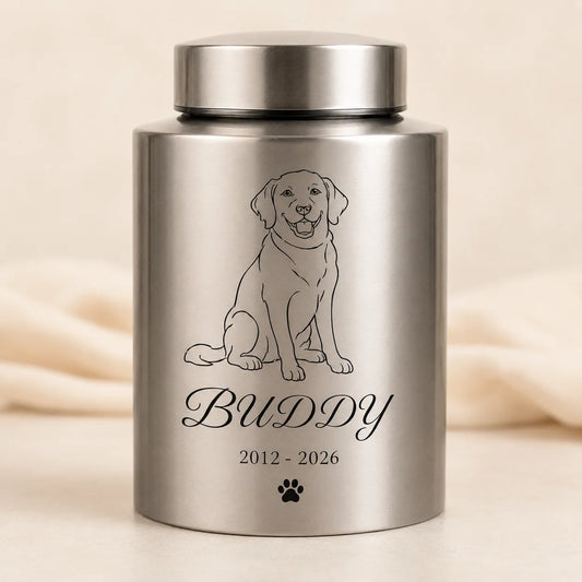 Personalized Pet Ash Urn with Photo Upload AI Minimalist Portrait Stainless Steel Memorial Cat Dog Bone Container with Custom Na