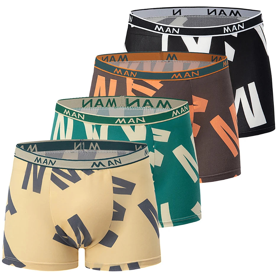 4-piece Set Of Men's Seasonal Fashionable Printed Underwear Comfortable Elastic Waist Flat Angle Pants Plus Size Casual Shorts
