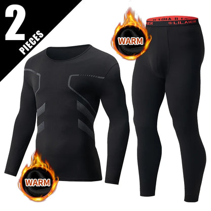 2-piece Men's Autumn And Winter Solid Color Round Neck Fashionable Printed Sports Thermal Underwear Set Simple And Comfortable