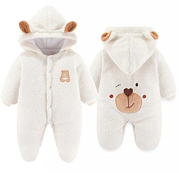 Cute Plush Bear Baby Boy Romper Infant Girl Overall Jumpsuit Autumn Winter Warm Fleece Hooded Baby Rompers Newborn Clothes 0-12M