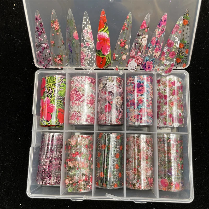 New Flower Nail Foils for Transfer Paper Stickers Floral Adhesive Fruit Nails Wraps Fish DIY Water Marble Nail Art Decorations
