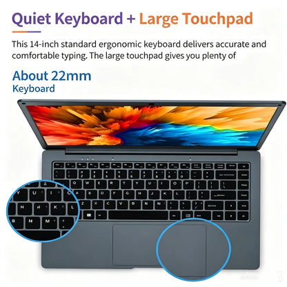 14 Inch Laptop PC 6GB LPDDR4 RAM 128GB SSD ROM 1080p FHD IPS Screen Windows 10 Computer with Celeron 4-Core Processor WIFI