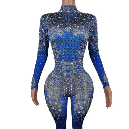 Sparkle Blue Rhinestones Jumpsuit Woman Stretch Leggings Singer Costume Birthday Party Club Stage Outfit Spandex Yatelandisi