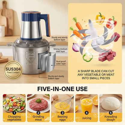 Podofo 5L Electric Meat Grinder Food Chopper Vegetable Chopper 5 Speed 6 Blades Meat Mincer Mixer Electric Dicer Stainless Steel