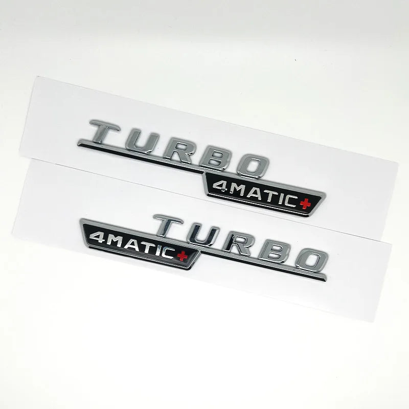 2pcs Car Letters Fender Trim Badge Turbo 4matic Plus Emblem Sticker For Mercedes AMG A45 CLA45 C117 GLA45 GLE53 X247 Accessories