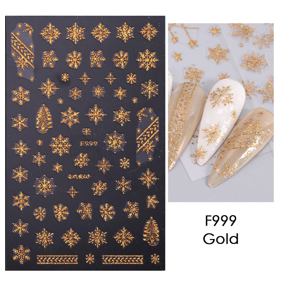 1PCS New Christmas Decorations 2023 New Year Nail Stickers Press on Nails Laser Snowflake Christmas Tree 3D Nail Decal