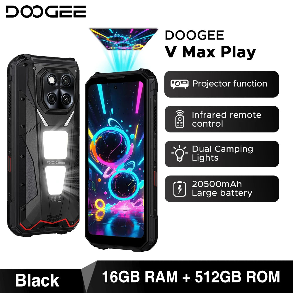 World Premiere DOOGEE V Max Play 5G Projector Rugged Phone 20500mAh Dual Camping Lights Dimensity 7300 16GB+512GB NFC Smartphone