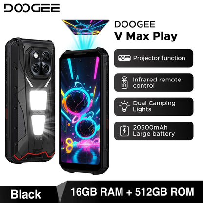 World Premiere DOOGEE V Max Play 5G Projector Rugged Phone 20500mAh Dual Camping Lights Dimensity 7300 16GB+512GB NFC Smartphone