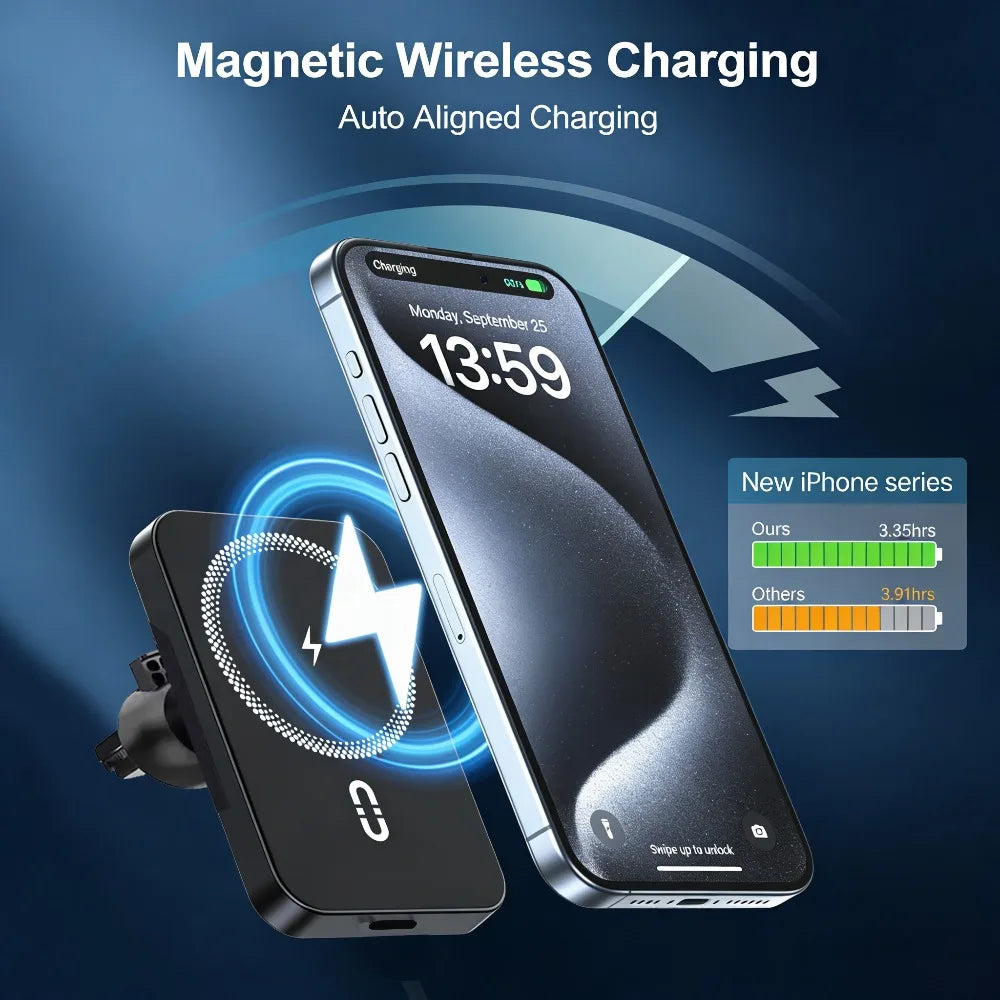 Car Air Vent Phone Holder Stand Magnetic Wireless Charger For Magsafe iPhone 17 16 15 14 13 12 Pro Max XS 360 Rotation Mount Pad