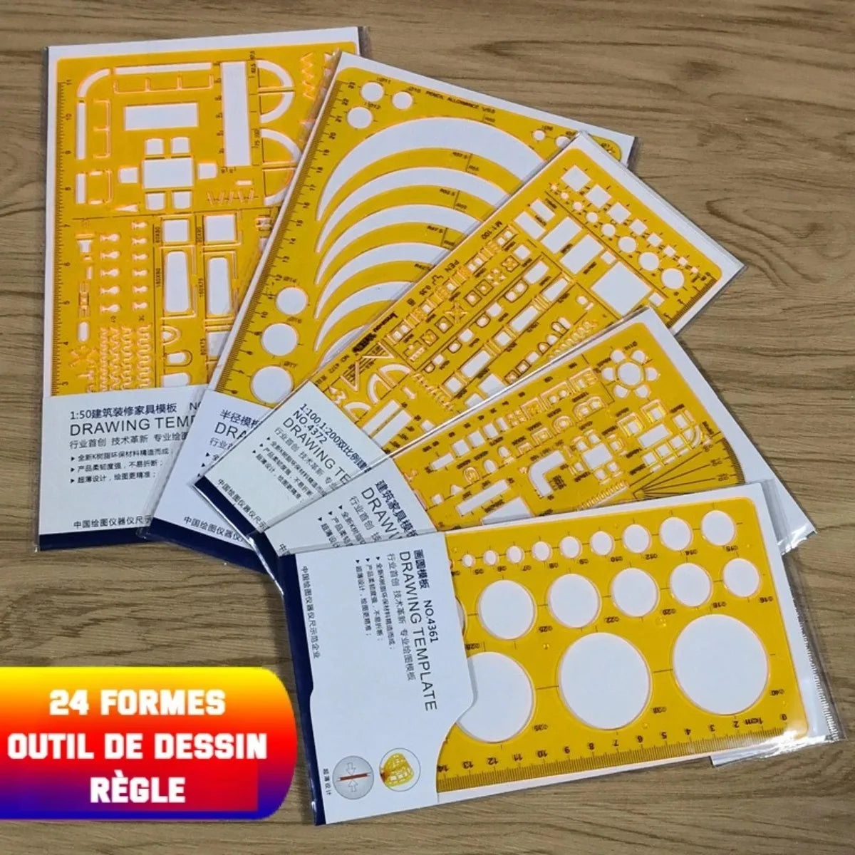 Geometric Drawing Template Set With Measuring Ruler - Yellow Transparent Plastic Tools+Bonus PE Zipper Bag - For Architecture