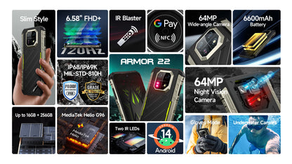 Ulefone Armor 22 Android 14,16GB (8+8GB RAM ),128GB/256GB ROM, 6.58" 120Hz ,6600mAh 33W,NFC,64MP Night Camera, Global Version