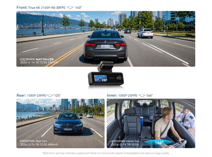 【New】DDPAI N4T Pro Dash Cam 3-Channel HDR 4K+1080P+1080P Front Rear Interior Night Vision ADAS DVR Support 4G Parking Monitoring