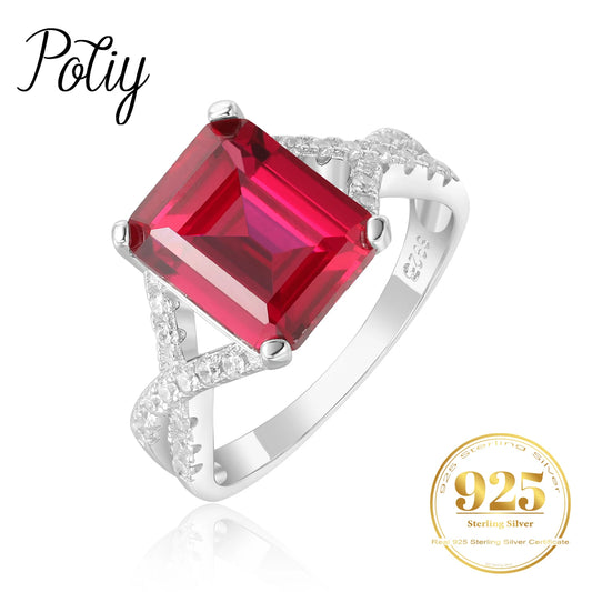 Potiy 4.16ct Created Red Ruby 925 Sterling Silver Wedding Engagement Promise Ring for Women Fashion Party Jewelry Gift