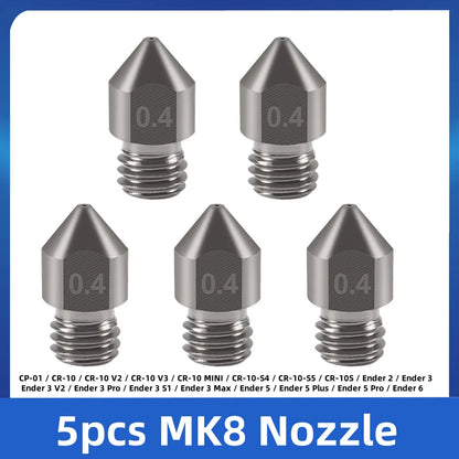 Creality MK8 Nozzle 5PCS 0.2/0.4/0.6/0.8/1.0mm M6 Threaded Stainless Steel for 1.75mm Filament 3D Printer Extruder Print Head