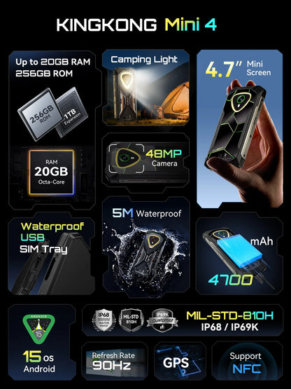Mini Smartphone Android 15 Cubot KingKong MINI 4, 4.7-Inch Screen, 90Hz, 4700mAh Battery, Up to 20GB RAM+256GB ROM, Phone, NFC