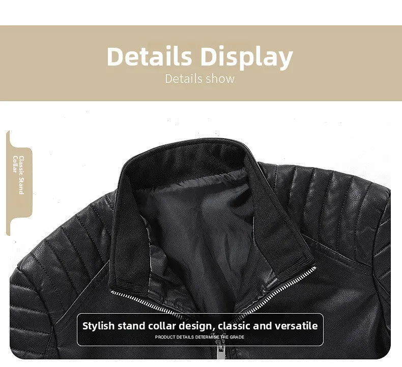 Spring Autumn Men's Biker Style Thin Top Layer Leather Jacket Motorcycle Outerwear Lightweight Korean Version Zipper Closure