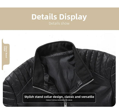 Spring Autumn Men's Biker Style Thin Top Layer Leather Jacket Motorcycle Outerwear Lightweight Korean Version Zipper Closure