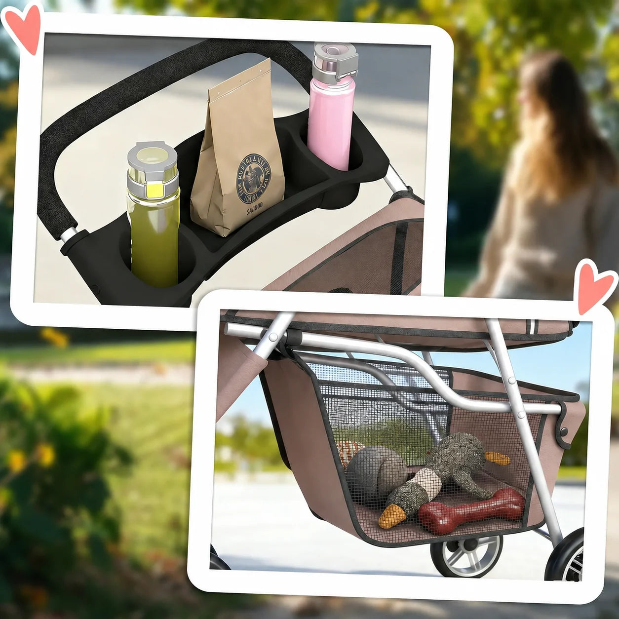 Dog Stroller Foldable Pet Stroller with Adjustable Canopy, Breathable Mesh Windows, Storage Basket, Cup Holder and Rear Brake, Lightweight Travel Carrier Pushchair for Small Dogs, Cats and Mini Breeds, Coffee