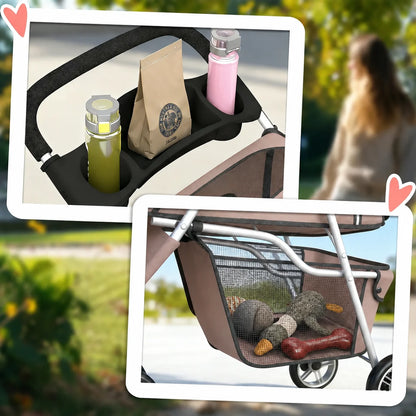 Dog Stroller Foldable Pet Stroller with Adjustable Canopy, Breathable Mesh Windows, Storage Basket, Cup Holder and Rear Brake, Lightweight Travel Carrier Pushchair for Small Dogs, Cats and Mini Breeds, Coffee