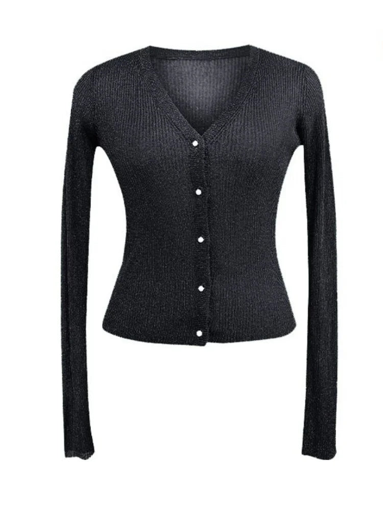 Women Shiny Gold Thread Spring Summer Ice Silk Knitted Cardigan Ribbed Pearl Button Sun Protection Top V-neck Ice Silk Knitwear