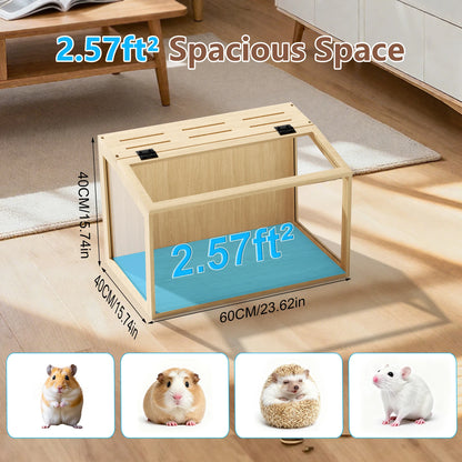Large Wooden Hamster Cage Clear Tempered Glass Pet Small Animal Habitat Cage Playful Hutch House