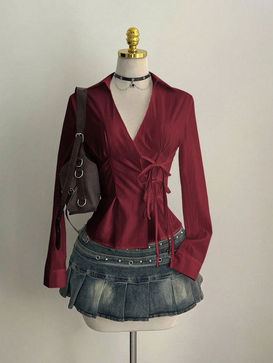 Women's Casual Side Strap Slim Fit Long Sleeve Shirt Sexy V-Neck Pleating Top Spring/Fall 2026