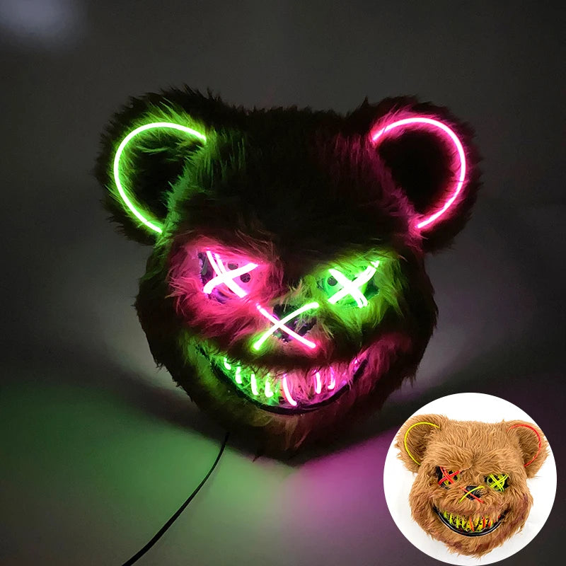 LED Bloody Rabbit Mask Glowing Killer Black Bear Mask Halloween Dance Party Cosplay Costume Props Assassinated Plush Rabbit Mask