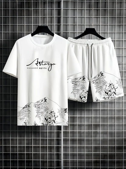 Summer Gradient Color Athletic T-Shirt and Shorts Set Stylish Men's Quick-Dry Athletic Short-Sleeve Top with Drawstring Shorts