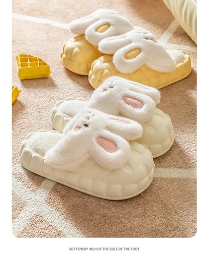 Mo Dou 2022 Winter Warm Women Slippers Waterproof Vamp Cute Rabbit Bear Decoration Indoor Outdoor Shoes Soft Plush Men Slippers