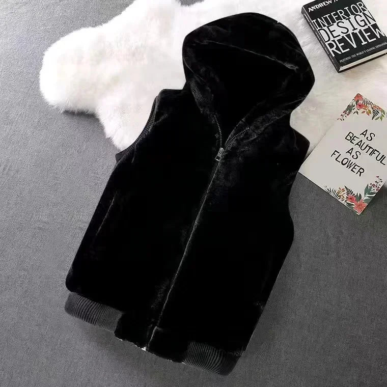 2026 Autumn Winter Men's Thicked Golden Velvet Warm Vest Fashion Solid Sleeveless Zipper Hooded Jacket Fake Fur Couple Waistcoat